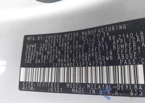 2025 Toyota Corolla Le z USA, uszkodzony, nr VIN 5YFB4MDE3SP247791